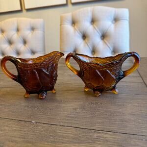 Cream Sugar Set Amber Indiana Glass Sweet Pear Tiara VTG Retro 7O's Coffee Tea